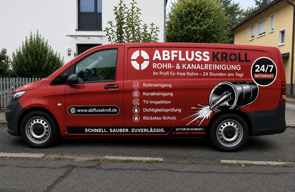 Rotes Servicefahrzeug von Abfluss Kroll in der Seitenansicht