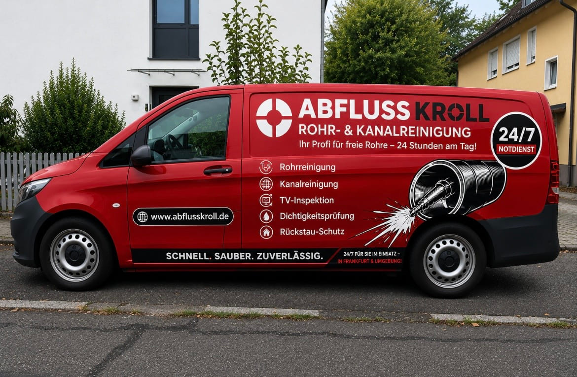 Das vollständige rote Servicefahrzeug von Abfluss Kroll